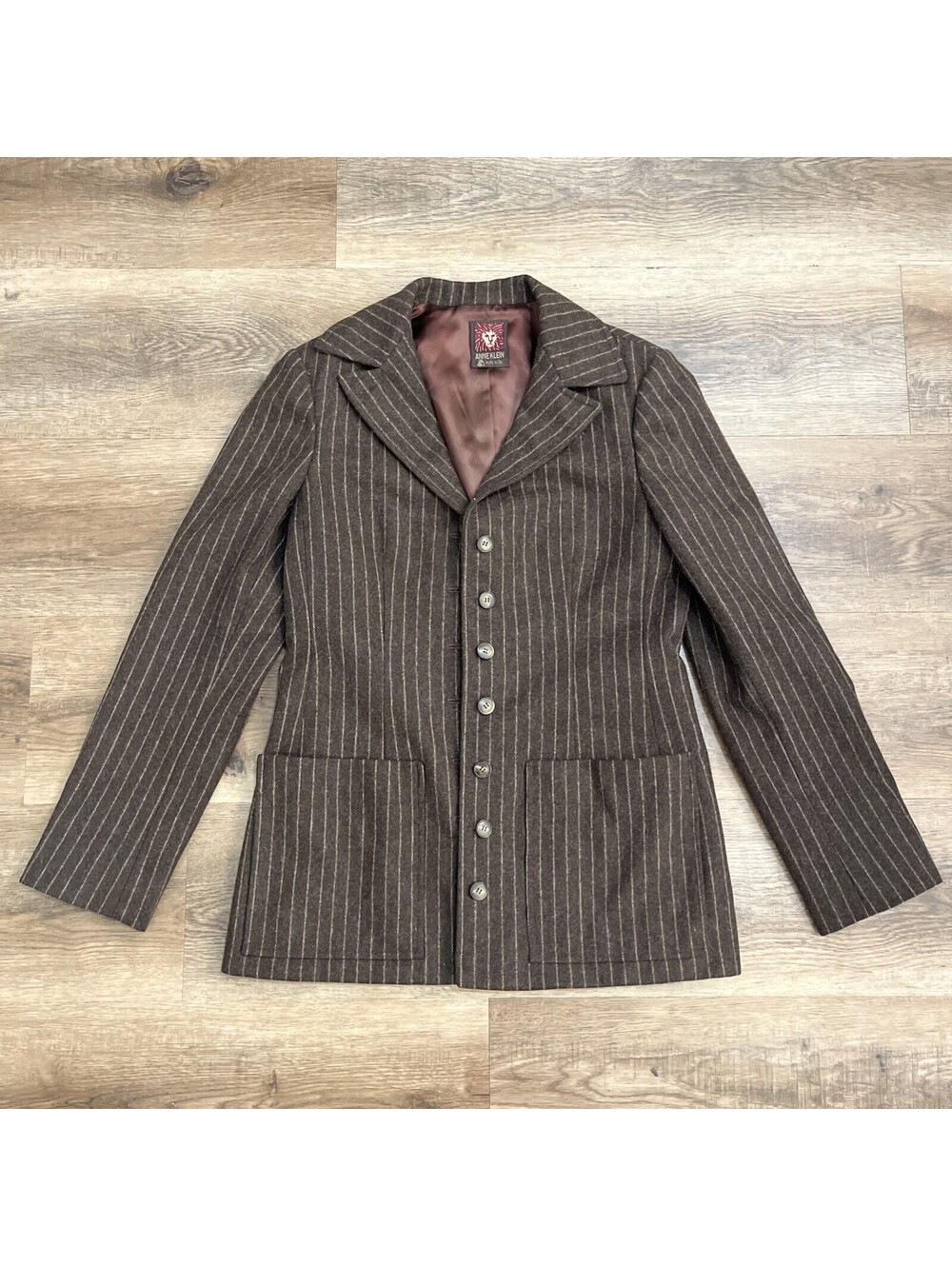 Anne Klein Women's Wool Brown Pinstripe Button Front Lined Blazer, 6 Made in USA